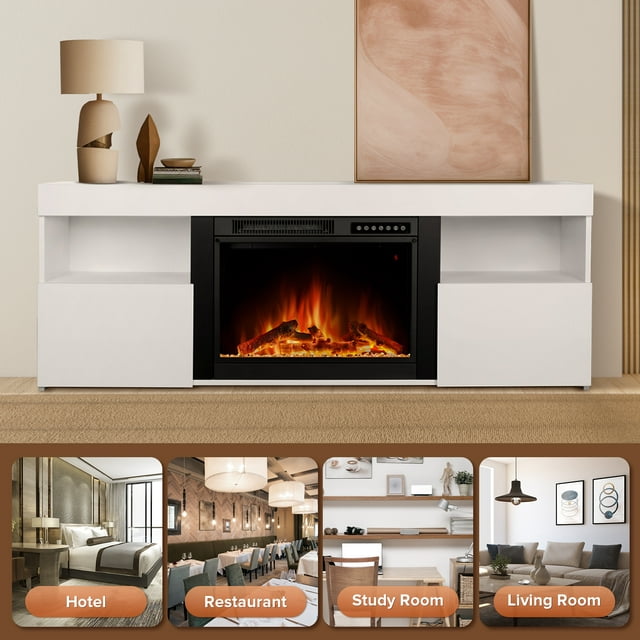 LHRIVER Free Standing Fireplace, Remote Control, 60'', Electric Fireplace Mantel, Adjustable Real 3D Flame Brightness (White)