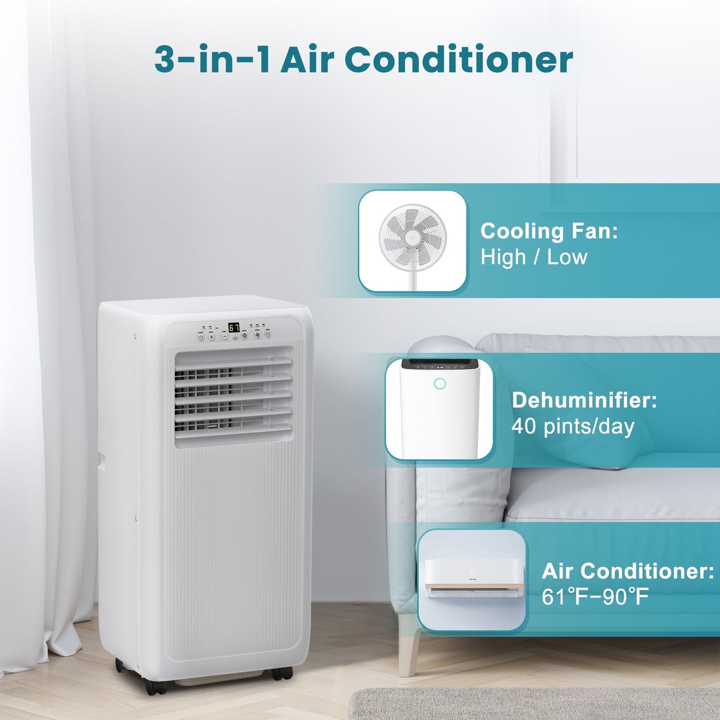 Havato Portable Air Conditioner, 5000BTU (8000BTU ASHRAE) Cools 200Sq.ft, 3-in-1 w/Remote, Dehumidifier & Fan,White