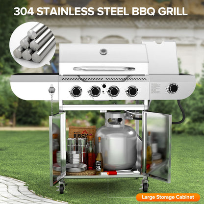 LHRIVER Stainless Steel 4-Burner Gas Grill with Side Burner, 42000BTU Barbecue Propane Grill for Outdoor Patio