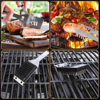 LHRIVER Stainless Steel BBQ Grill Tools Set with Storage Bag, 3 Pieces Include Tong, Spatula, Cleaning Brush