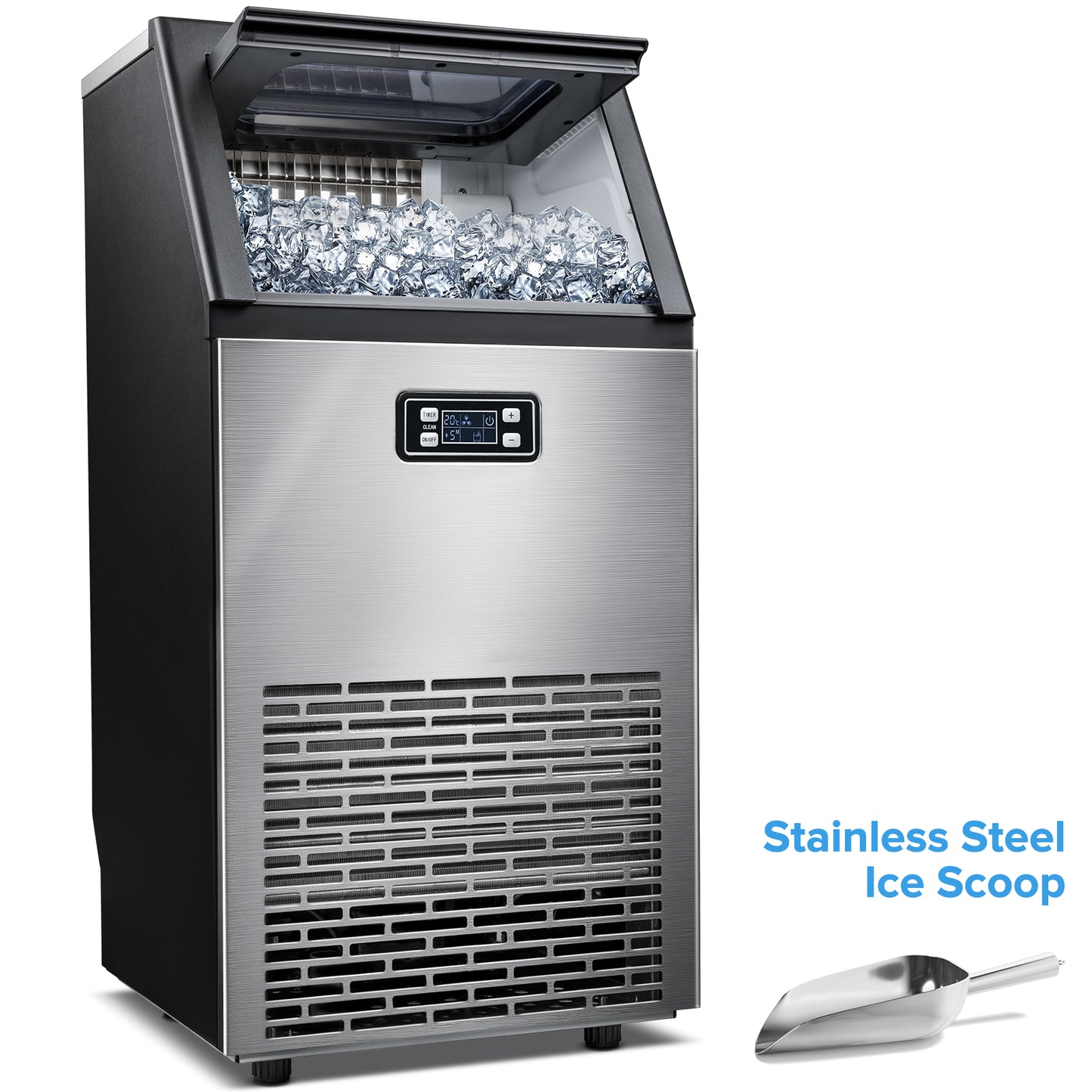 100Lbs/Day Commercial Ice Maker Machine, 45 Cubes/Batch in 11-20 Mins, Stainless Steel Freestanding with Self-Cleaning & Dual Water Inlet, Ideal for Home, Restaurant, & Bar, LHRIVER