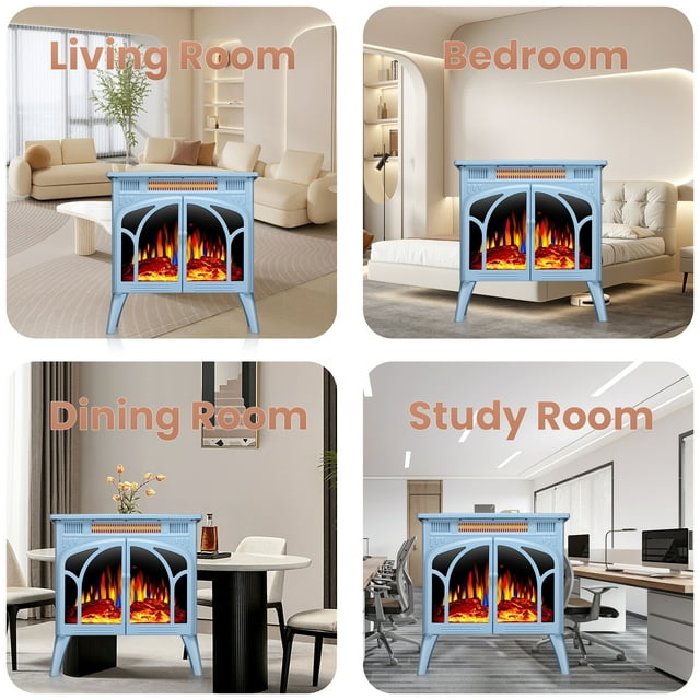 LHRIVER Electric Fireplace Heater 25’’ with 3D Realistic Flame Effect, Freestanding Fireplace, Different Flame Color, 500W/1500W,- BLUE