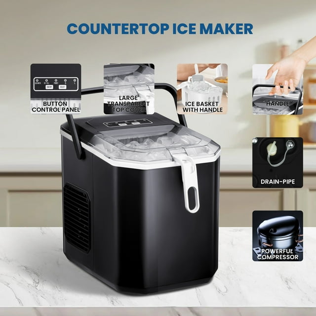 LHRIVER Countertop Ice Maker, Portable Ice Machine with Handle, 26Lbs/24H, 9 Cubes Ready in 8 Mins, with Ice Scoop and Basket, for Home/Office/Bar/Party (Black)