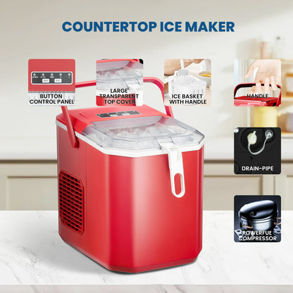 Havato Bullet Ice Maker with Ice Basket/Shovel/Handle, 9 Pieces/6-12 Minutes, Home/Office/Bar, Red