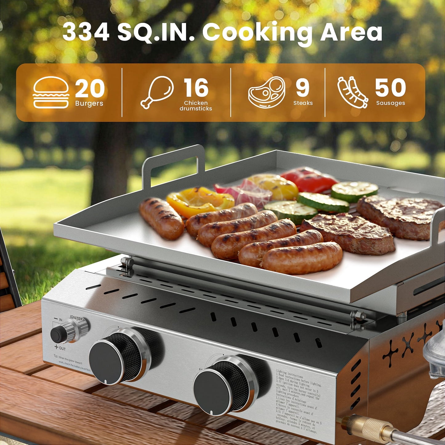 LHRIVER 2 Burner Food Grade SUS304 Tabletop Griddle, 16,000 BTU 310 Sq. In. Portable Propane Gas Griddle