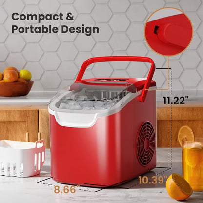 Havato Portable Countertop Ice Maker, One-Button Operation, 26Lbs/24H Efficient Ice Making with Handle/Ice Scoop/Ice Basket, Kitchen/Office/Bar and Party, Red