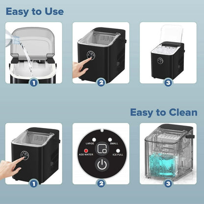 LHRIVER Portable Ice Maker Machine, Portable Ice Maker Machine with Handle, 26lbs/24H, 8 Bullet Ice Cubes of 2 Sizes S/L Ready in 9 Mins, Self-Cleaning for Home/Kitchen/Office/Party - Black