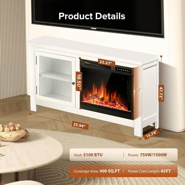 LHRIVER Electric Fireplace, 48'' Freestanding Fireplace Mantel, with Log & Remote Control, 750W/1500, Adjustable Led Flame, Fireplace TV Stand (White)