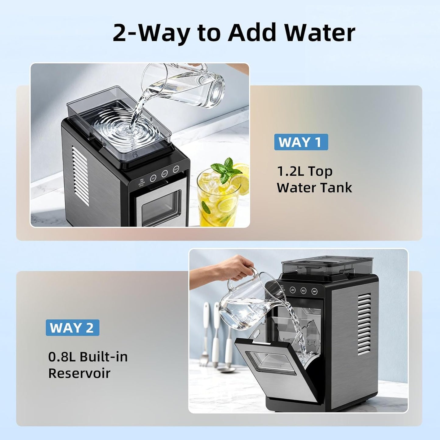 Havato Countertop Ice Makers , 8 Cubes in 6 Mins, 26 lbs/24H,Portable Ice Machine with External 1.2L Large Water Tank, Self-Cleaning Quiet Compact,Steel