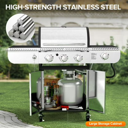 LHRIVER Stainless Steel 3 Burner Propane Gas Grill with Side Burner, 34,000 BTU Patio Garden Barbecue Grill,Porcelain-Enameled Cast Iron Grates