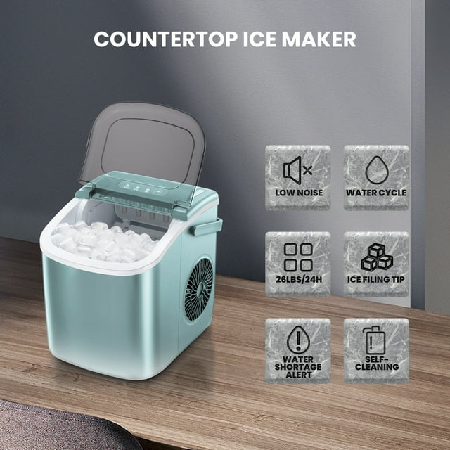 LHRIVER Countertop Ice Maker Portable Ice Machine with Handle, Self-Cleaning Ice Makers, 26Lbs/24H, 9 Ice Cubes Ready in 6 Mins for Home Kitchen Party Bar Green