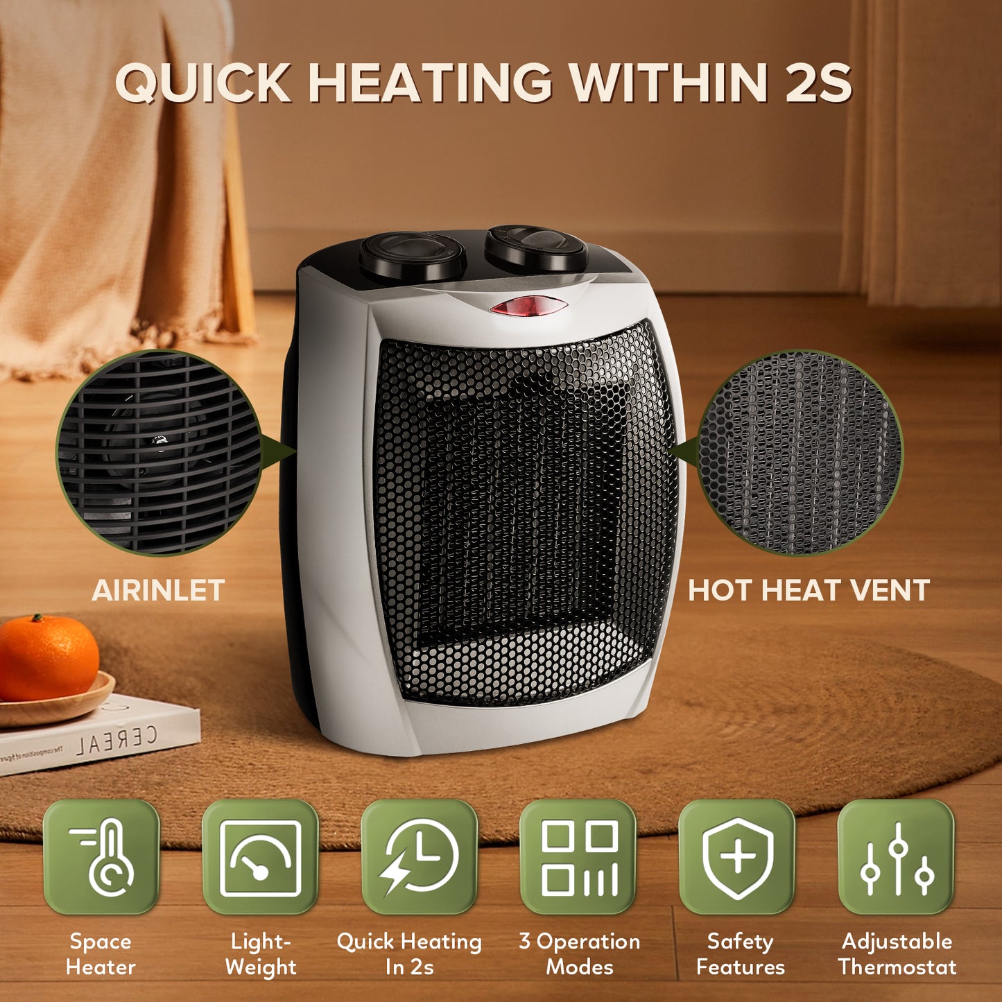 Havato Portable Space Heater for inside, 750W/1500W, ETL Certified, Silent Heating, Ceramic Small Fan Heater, for Home & Dorm (Silver)