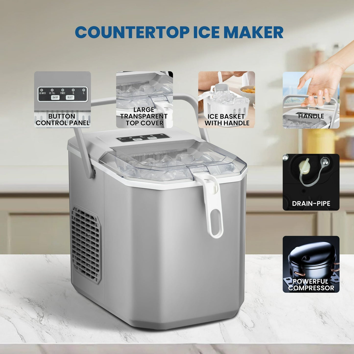 Havato Bullet Ice Maker with Ice Basket/Shovel/Handle, 9 Pieces/6-12 Minutes, Home/Office/Bar, Grey