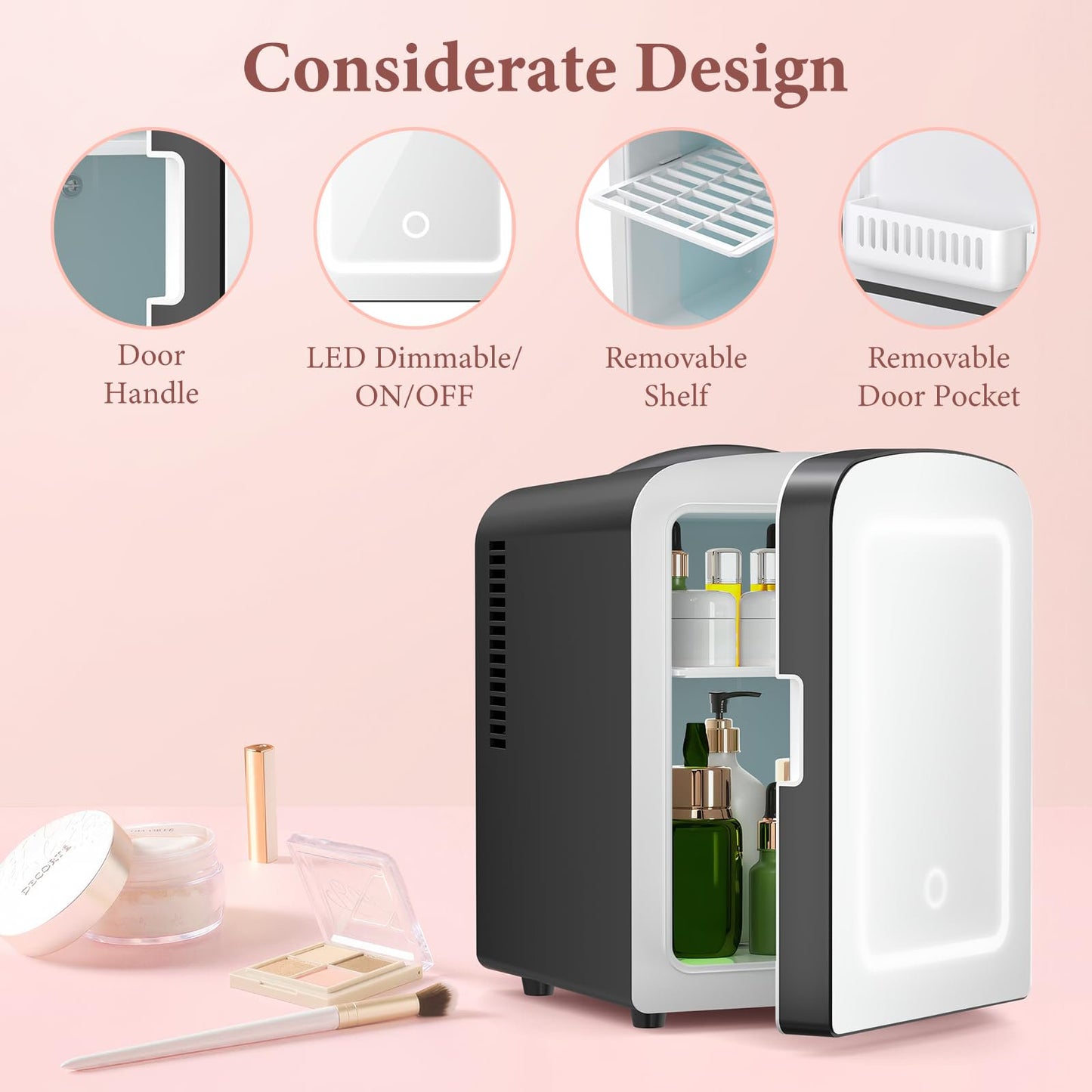 LHRIVER Mini Cooler with LED Mirror & Light, 4L Skincare Fridge, for Home Outlet & DC Charger, Black