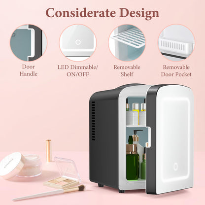 LHRIVER Mini Cooler with LED Mirror & Light, 4L Skincare Fridge, for Home Outlet & DC Charger, Black