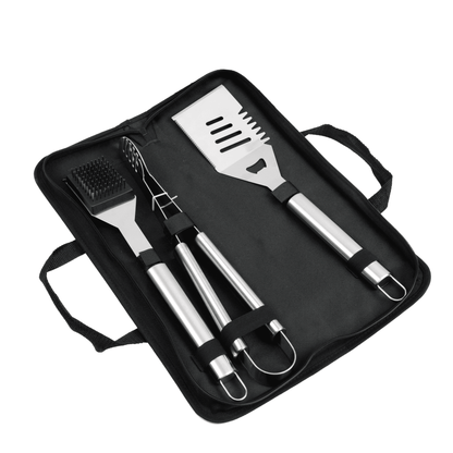 LHRIVER Stainless Steel BBQ Grill Tools Set with Storage Bag, 3 Pieces Include Tong, Spatula, Cleaning Brush