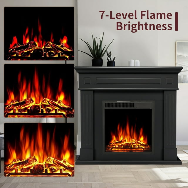 LHRIVER Freestanding Wooden Frame Fireplace with TV Stand, Electric Fireplace Mantel Heater, Various Brightness & Realistic Flames & Remote Control, Home/Office/Cafe,750W-1500W, Black