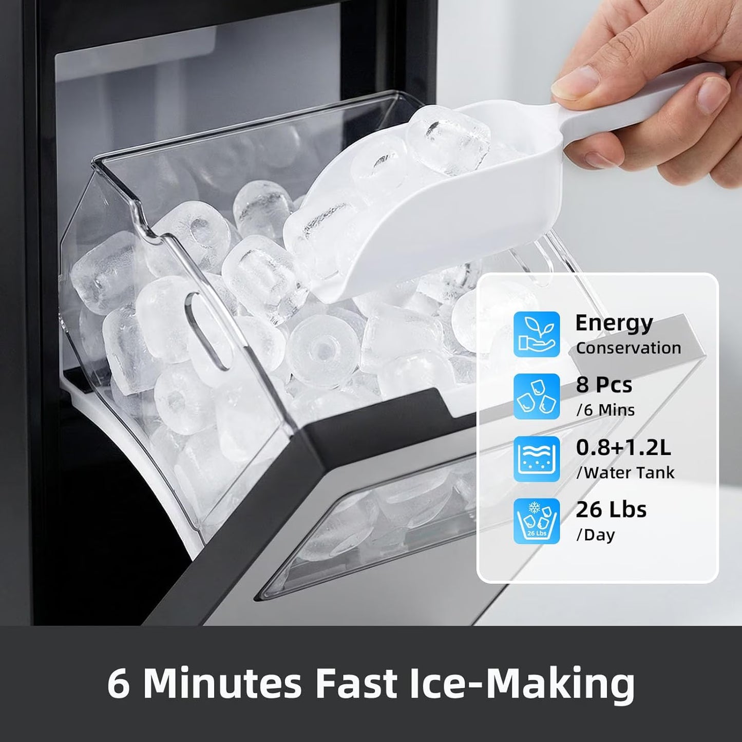 Havato Countertop Ice Makers , 8 Cubes in 6 Mins, 26 lbs/24H,Portable Ice Machine with External 1.2L Large Water Tank, Self-Cleaning Quiet Compact,Steel