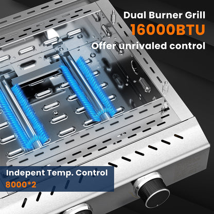 LHRIVER 2 Burner Food Grade SUS304 Tabletop Griddle, 16,000 BTU 310 Sq. In. Portable Propane Gas Griddle