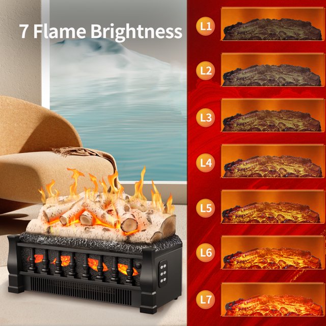 LHRIVER Electric Fireplace Log Set Heater 21IN, Remote Control, Flame Brightness Adjustable, Overheating Protection, Realistic Ember Bed, 1500W Whitish Gray logs