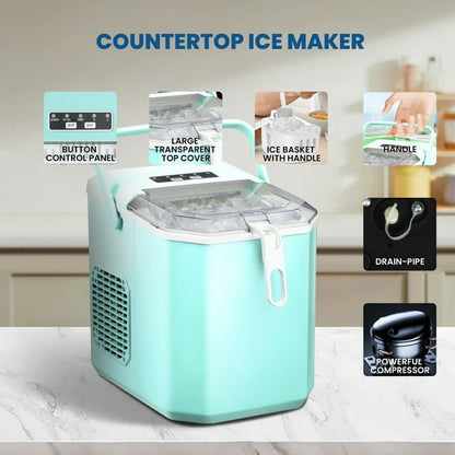 LHRIVER Portable Compact Self-cleaning Ice Maker With Handle and Ice Scoop, Bullet Ice Cubes, 9Pcs/8Min 26Lbs/24H for Home/Office/Bar/Party (Green)