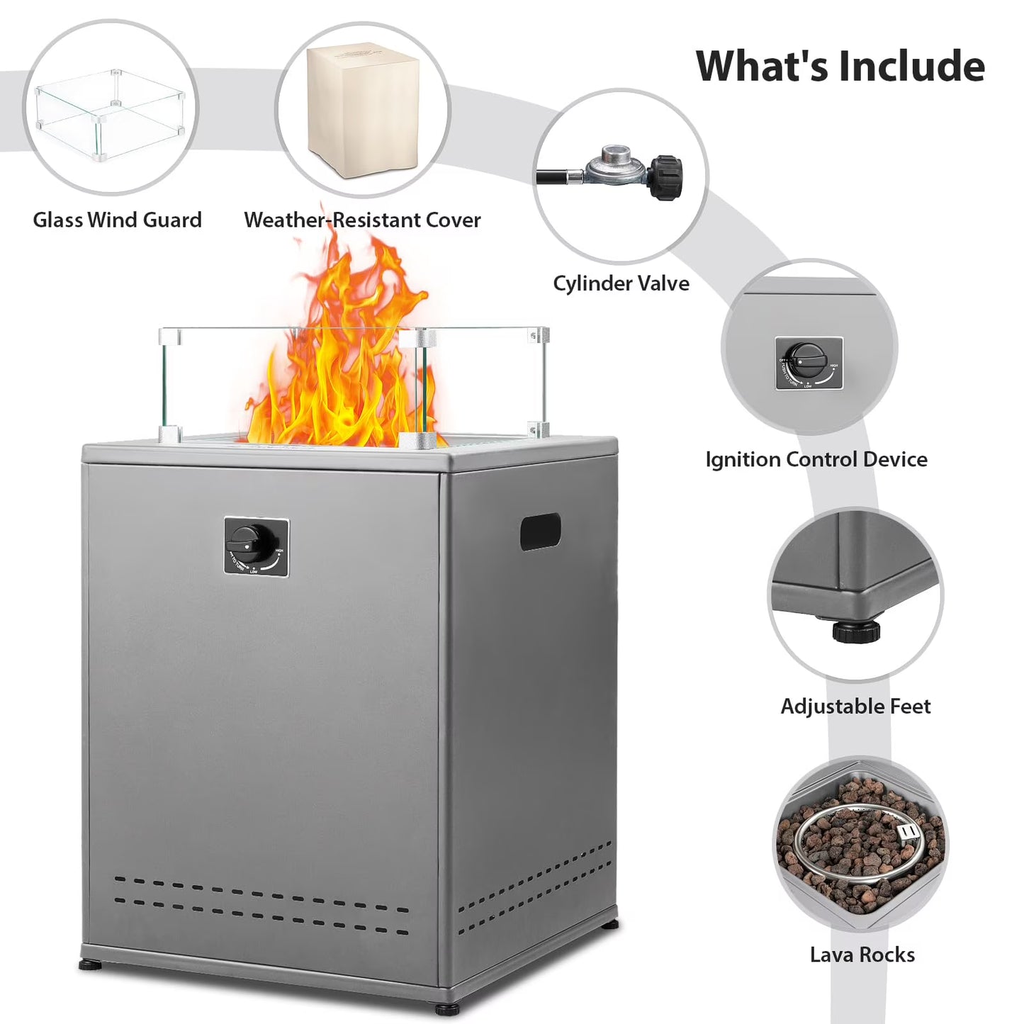 LHRIVER 22in Square Outdoor Fire Pit -Propane Metal Stove with Lava Rocks , 40000 BTU Heat Output, for Picnics/Bonfires/Patio Gardens