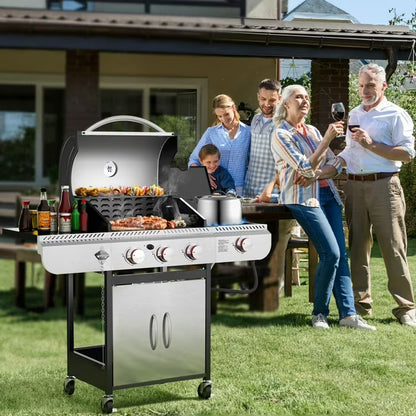 LHRIVER Stainless Steel 3 Burner Propane Gas Grill with Side Burner, 34,000 BTU Patio Garden Barbecue Grill,Porcelain-Enameled Cast Iron Grates