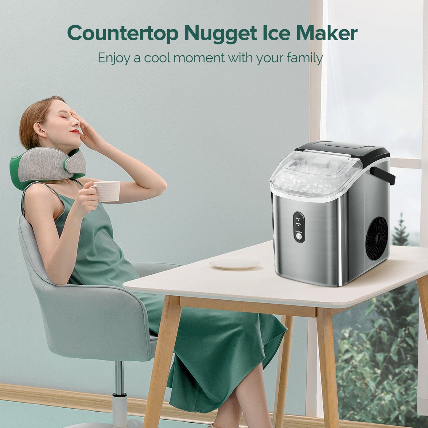 Havato Nugget Ice Machine, Extruded Ice & Chewed Ice, 33 Lbs /24H, Self-Cleaning, Party/Kitchen/Office, Stainless Steel Silver