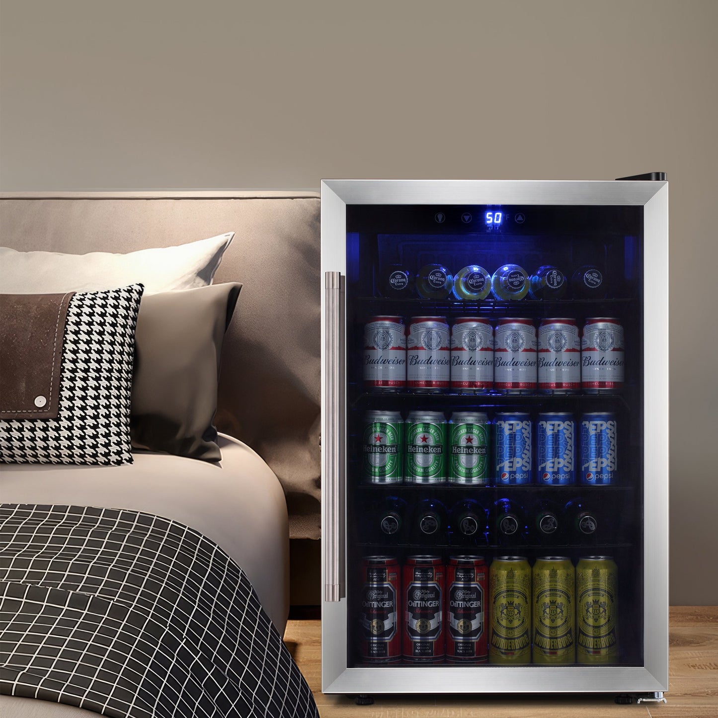 LHRIVER 4.4Cu.ft Beverage Refrigerator Cooler, 37 Bottles Mini Fridge with Glass Door for Soda Beer or Wine, With Adjustable Removable Shelves, Bar/Office/Home