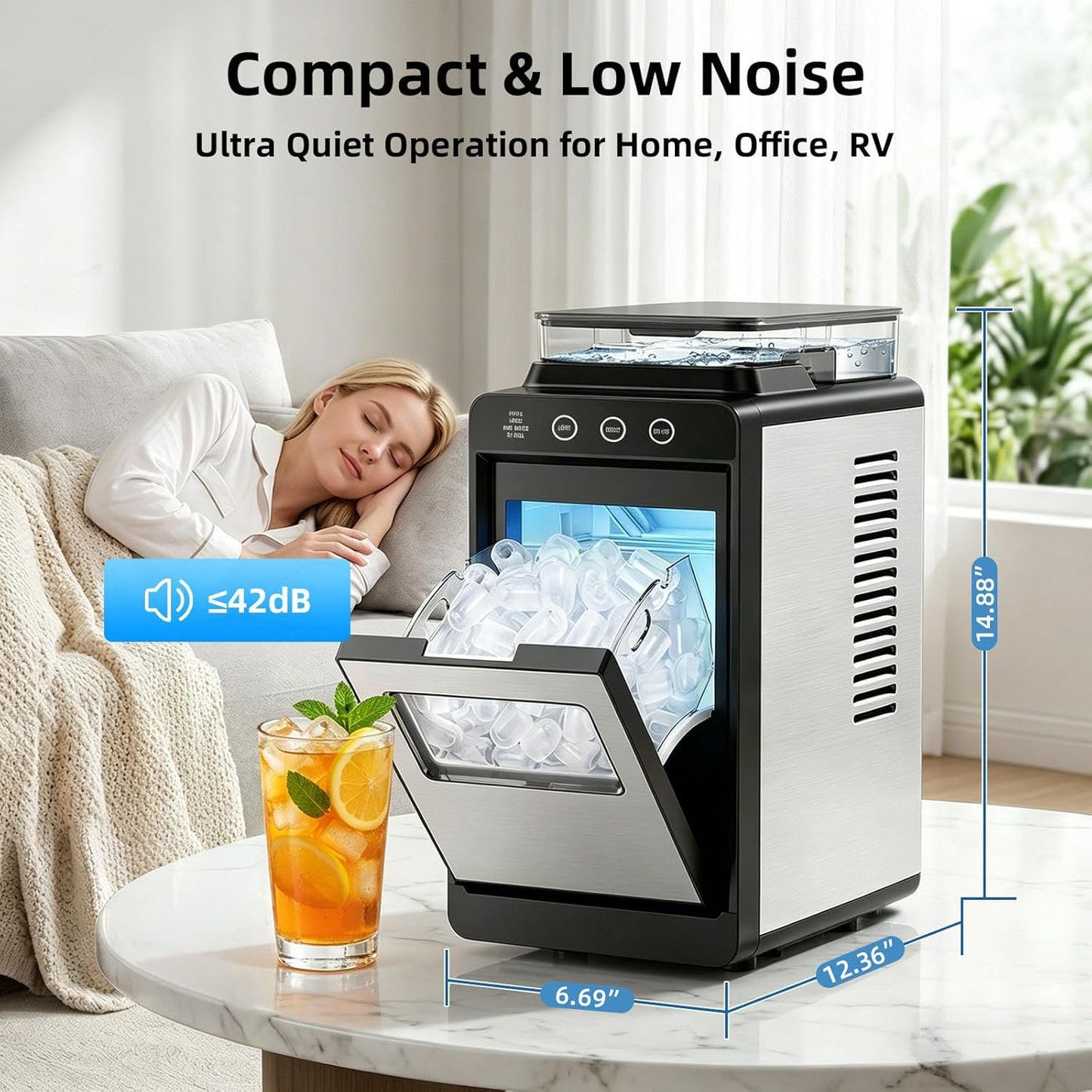 Havato Countertop Ice Makers , 8 Cubes in 6 Mins, 26 lbs/24H,Portable Ice Machine with External 1.2L Large Water Tank, Self-Cleaning Quiet Compact,Steel