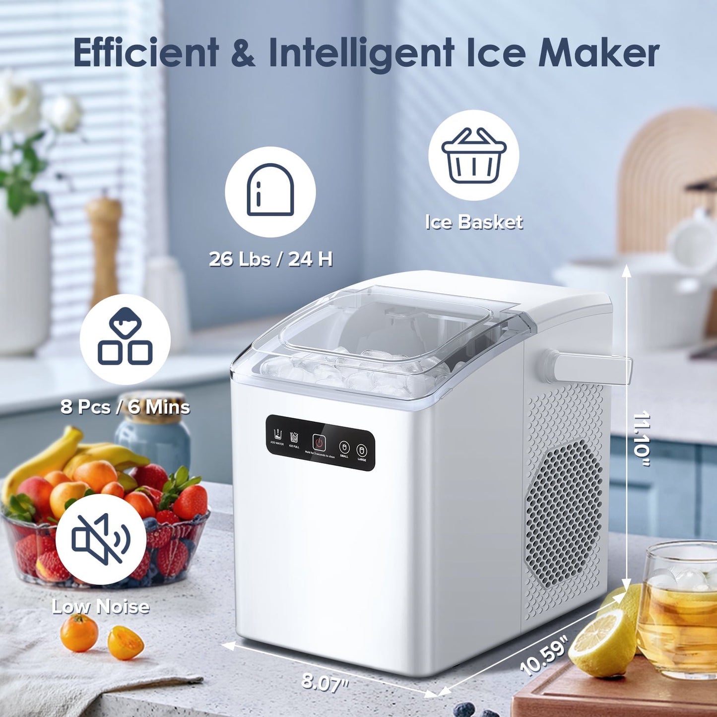 Havato Countertop Portable Ice Maker, Self-Cleaning with Handle, 2 Sizes of Bullet Ice Cubes, for Kitchen/Office-White