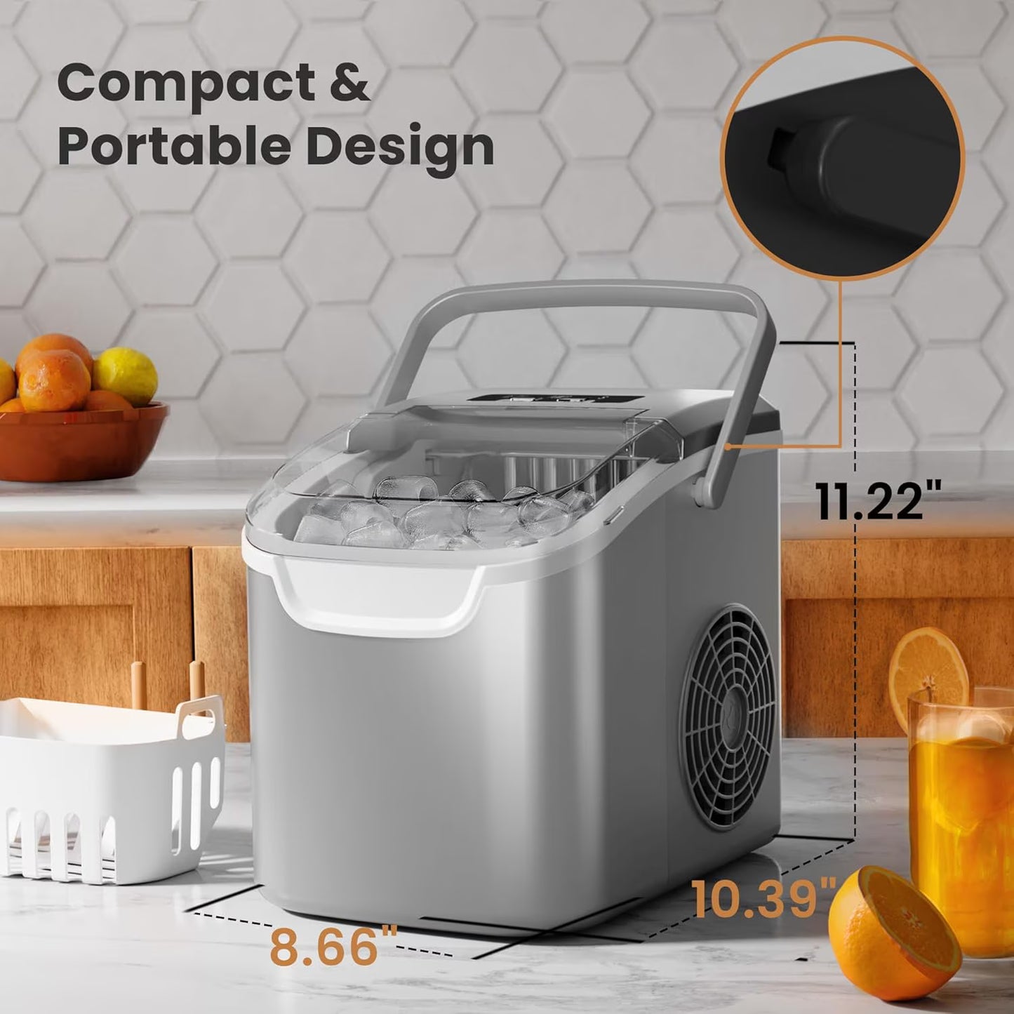 Havato Countertop Ice Maker, 9 Bullet Ice Cubes in 6 Mins, 26lbs/24H, w/ Scoop & Basket, Platinum Grey