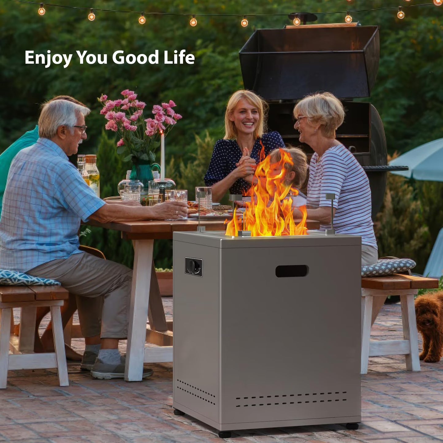 LHRIVER 22in Square Outdoor Fire Pit -Propane Metal Stove with Lava Rocks , 40000 BTU Heat Output, for Picnics/Bonfires/Patio Gardens