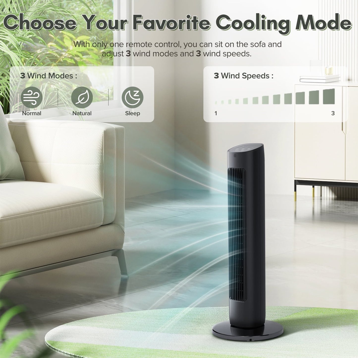 Havato Tower Fan for Bedroom, 85° Oscillating Fans, 3 Speeds, 15H Timer, 3-in-1 Fan Modes, Green, Black