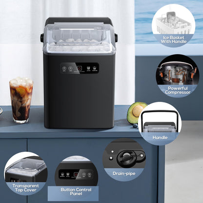 Havato Countertop Portable Ice Maker, Self-Cleaning with Handle, 2 Sizes of Bullet Ice Cubes, for Kitchen/Office-Black