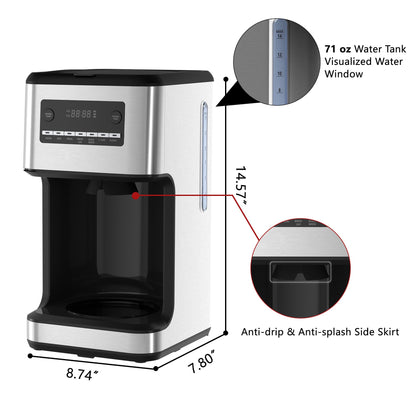 LHRIVER Coffee Maker, 14-Cup Glass Carafe, Schedulable & Programmable, 1-4 Cup Setting, Self-cleaning, Stainless Steel, Silver