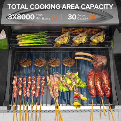 LHRIVER Stainless Steel 3 Burner Propane Gas Grill with Side Burner, 34,000 BTU Patio Garden Barbecue Grill,Porcelain-Enameled Cast Iron Grates