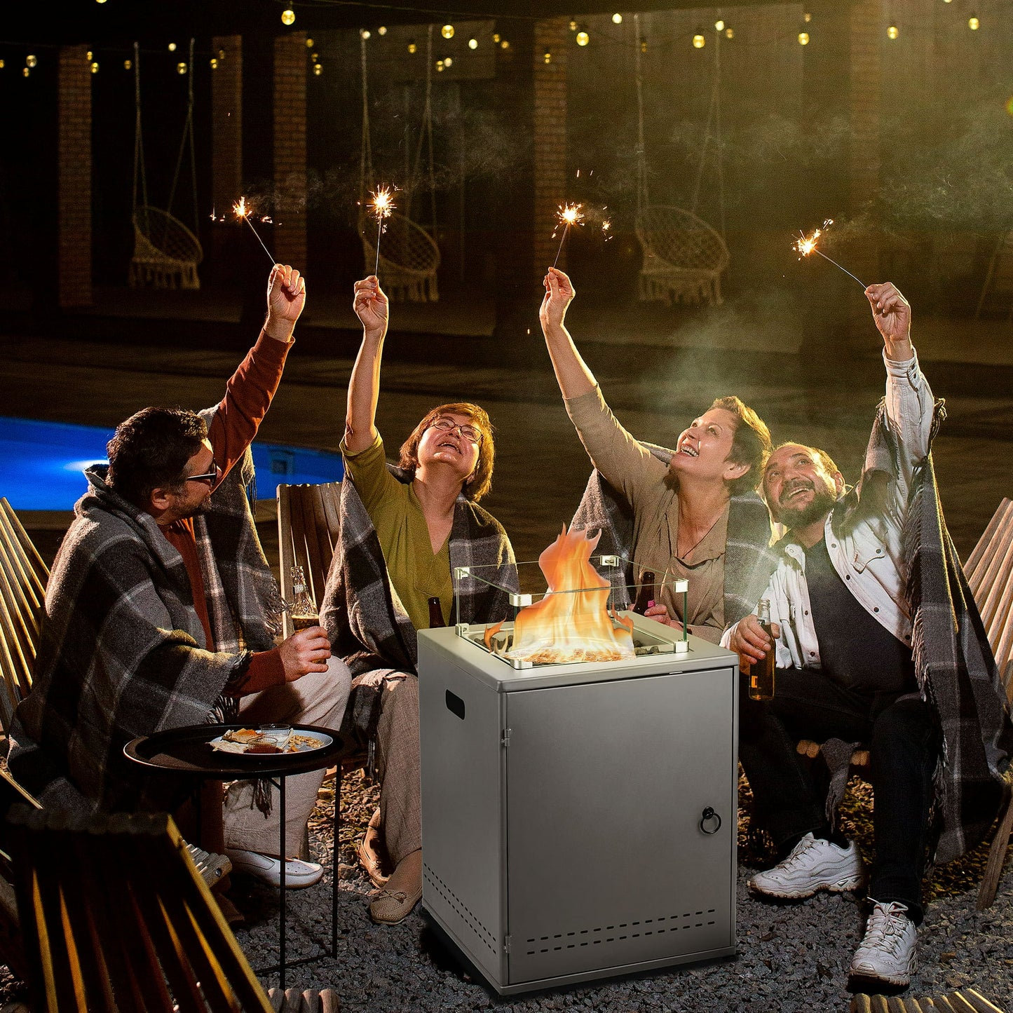 LHRIVER 22in Square Outdoor Fire Pit -Propane Metal Stove with Lava Rocks , 40000 BTU Heat Output, for Picnics/Bonfires/Patio Gardens