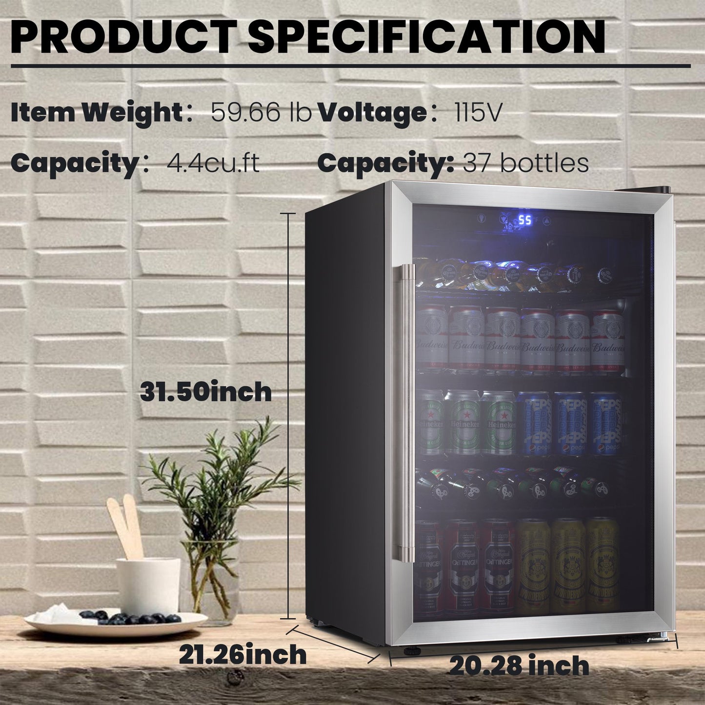 LHRIVER 4.4Cu.ft Beverage Refrigerator Cooler, 37 Bottles Mini Fridge with Glass Door for Soda Beer or Wine, With Adjustable Removable Shelves, Bar/Office/Home