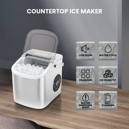 LHRIVER Countertop Ice Maker Portable Ice Machine with Handle, Self-Cleaning Ice Makers, 26Lbs/24H, 9 Ice Cubes Ready in 6 Mins (White)