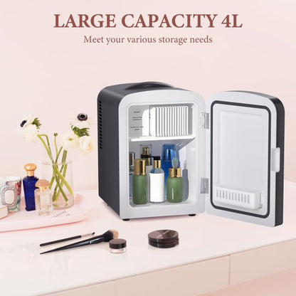 LHRIVER Mini Cooler with LED Mirror & Light, 4L Skincare Fridge, for Home Outlet & DC Charger, Black