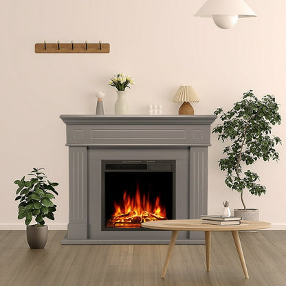 LHRIVER Freestanding Wooden Frame Fireplace with TV Stand, Electric Fireplace Mantel Heater, Various Brightness & Realistic Flames & Remote Control, Home/Office/Cafe,750W-1500W, Grey