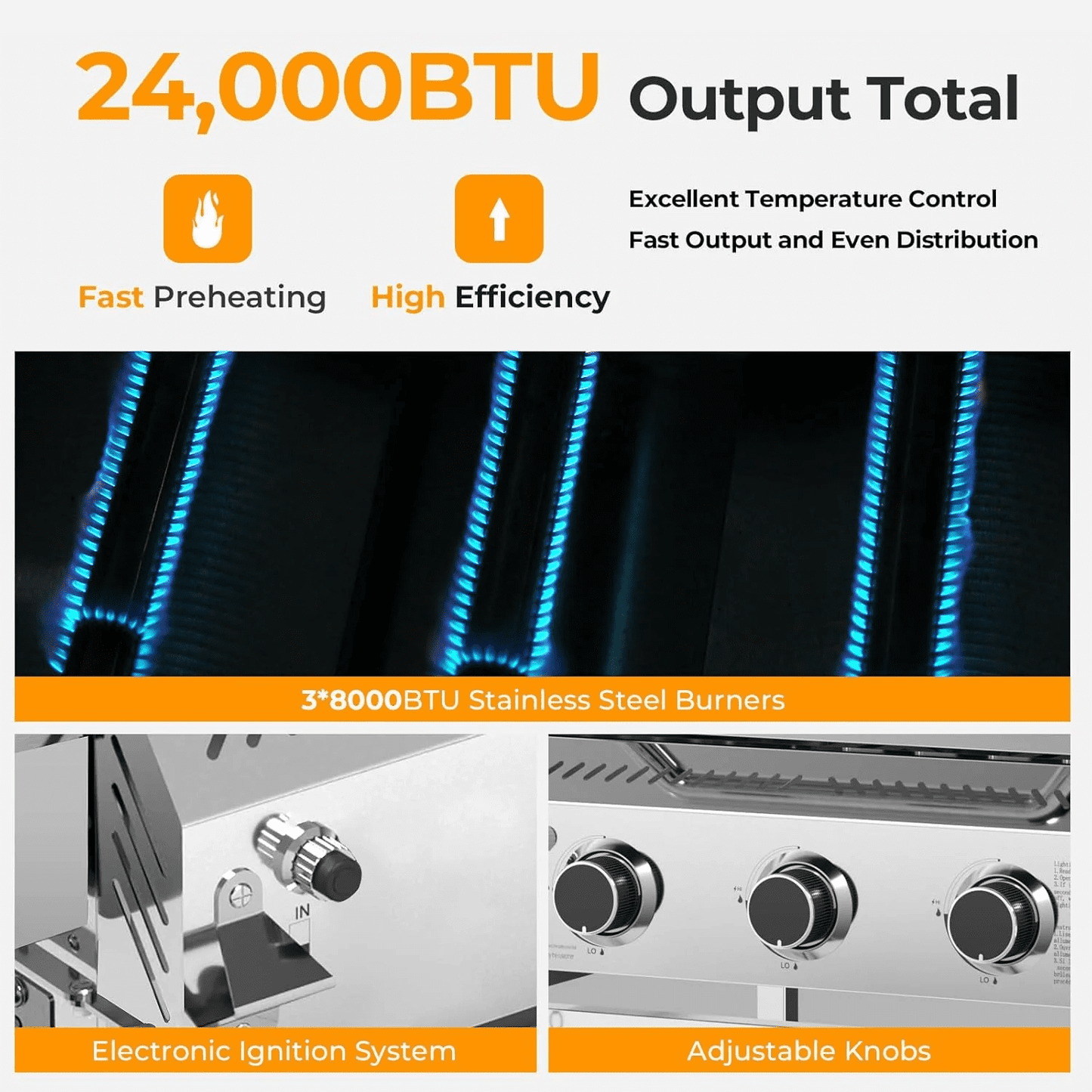 LHRIVER Stainless Steel Gas Grill, 3 Burner BBQ Grill with Tool Holders, 24000BTU