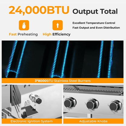 LHRIVER Stainless Steel Gas Grill, 3 Burner BBQ Grill with Tool Holders, 24000BTU