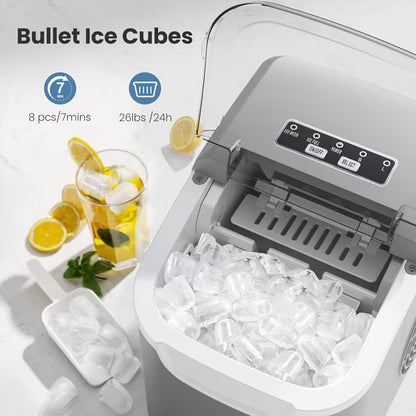 Havato Countertop Ice Maker, 9 Bullet Ice Cubes in 6 Mins, 26lbs/24H, w/ Scoop & Basket, Platinum Grey