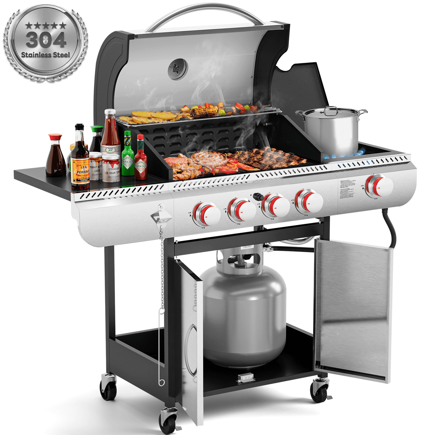 LHRIVER Stainless Steel 4 Burner Propane Gas Grill with Side Burner, Portable Outdoor Barbecue Grill, 42,000 BTU