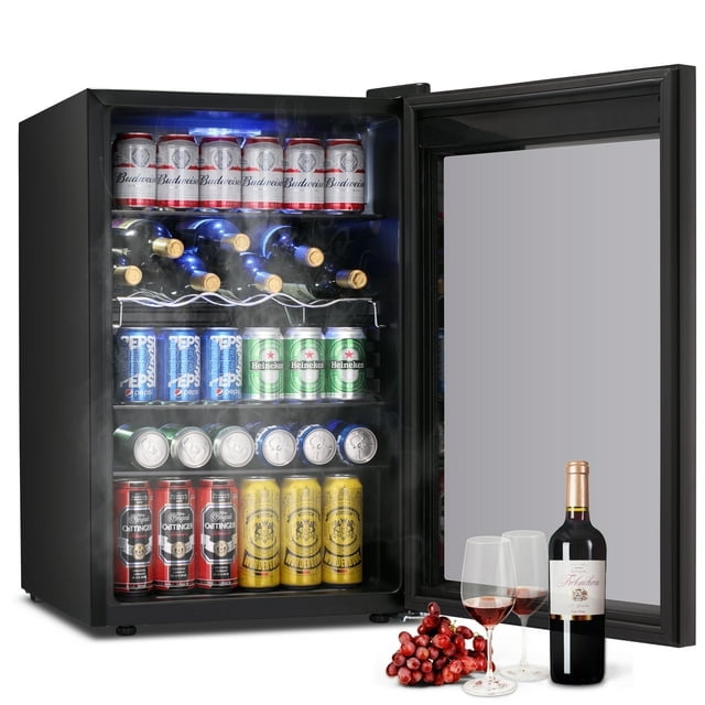 Havato 145 Cans of Beverage Refrigerator Cooler, 4.4 Cu.ft, Mini Refrigerator with Black Glass Door for Storing Soda, Beer or Wine, Bar/Office/Home, Black