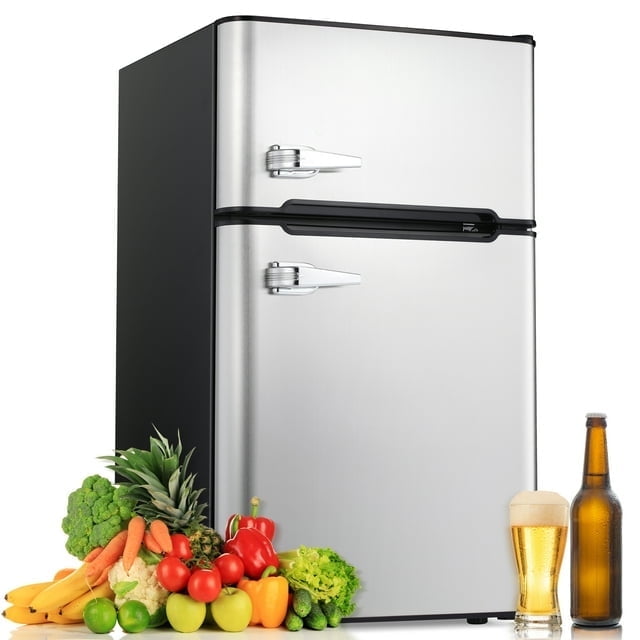 Havato 3.1 Cu.ft Mini Fridge, Double-door Stainless Steel Design, Silent Defrost, First Choice for Home, Dormitory and Office, Gray