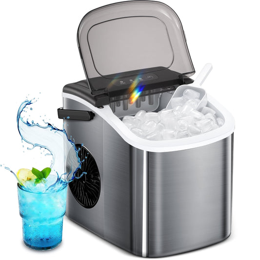 Havato Bullet Ice Machine with Ice Basket/Shovel/Handle, 26 Lbs /24 Hours, Home/Office/Bar, Stainless Steel Silver