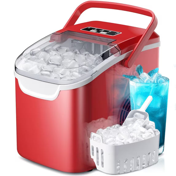 Havato Portable Countertop Ice Maker, One-Button Operation, 26Lbs/24H Efficient Ice Making with Handle/Ice Scoop/Ice Basket, Kitchen/Office/Bar and Party, Red